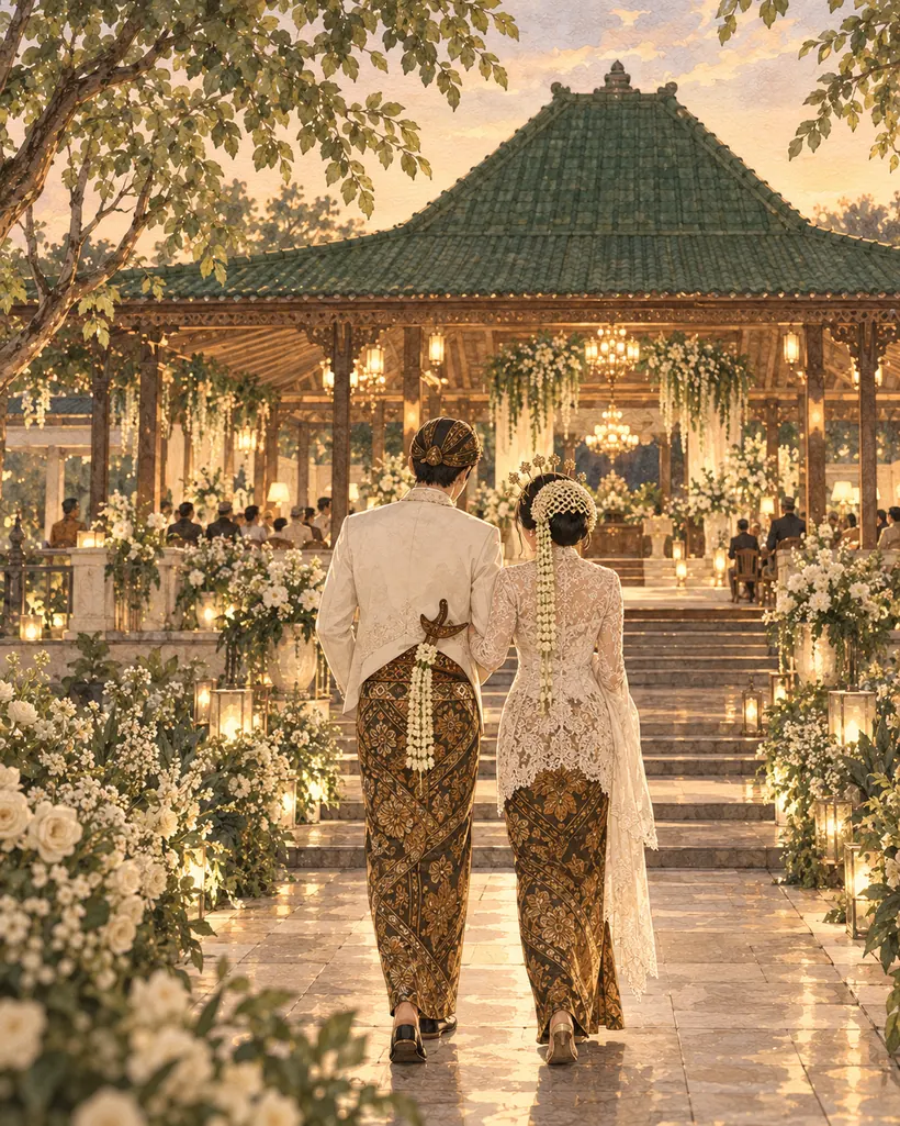 Andrian dan Diva berbusana adat berjalan menuju pendopo